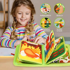 Child playing with Busy Book at a table — practicing matching, counting and fine motor skills.
