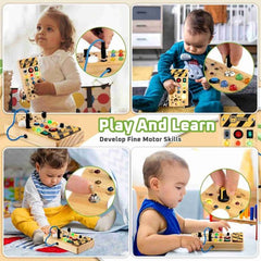 Montessori Busy Board for Toddlers – Wooden Sensory Toy with LED Light Switch | Travel Activity Game for Kids Ages 2–4
