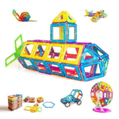 Assorted magnetic tile constructions: castle, cars and ferris wheel from colorful magnetic building blocks — STEM toy
