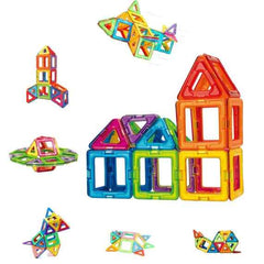 Geometric constructions made with magnetic tiles: houses, towers and spinning top — mix-and-match building shapes