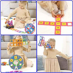 Kids playing with magnetic tiles: car tracks, letter/spelling tiles and ferris wheel — open-ended STEM play for 3+