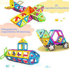 Magnetic tiles play collage showing airplane and wheeled car constructions — creative STEM toy for preschoolers