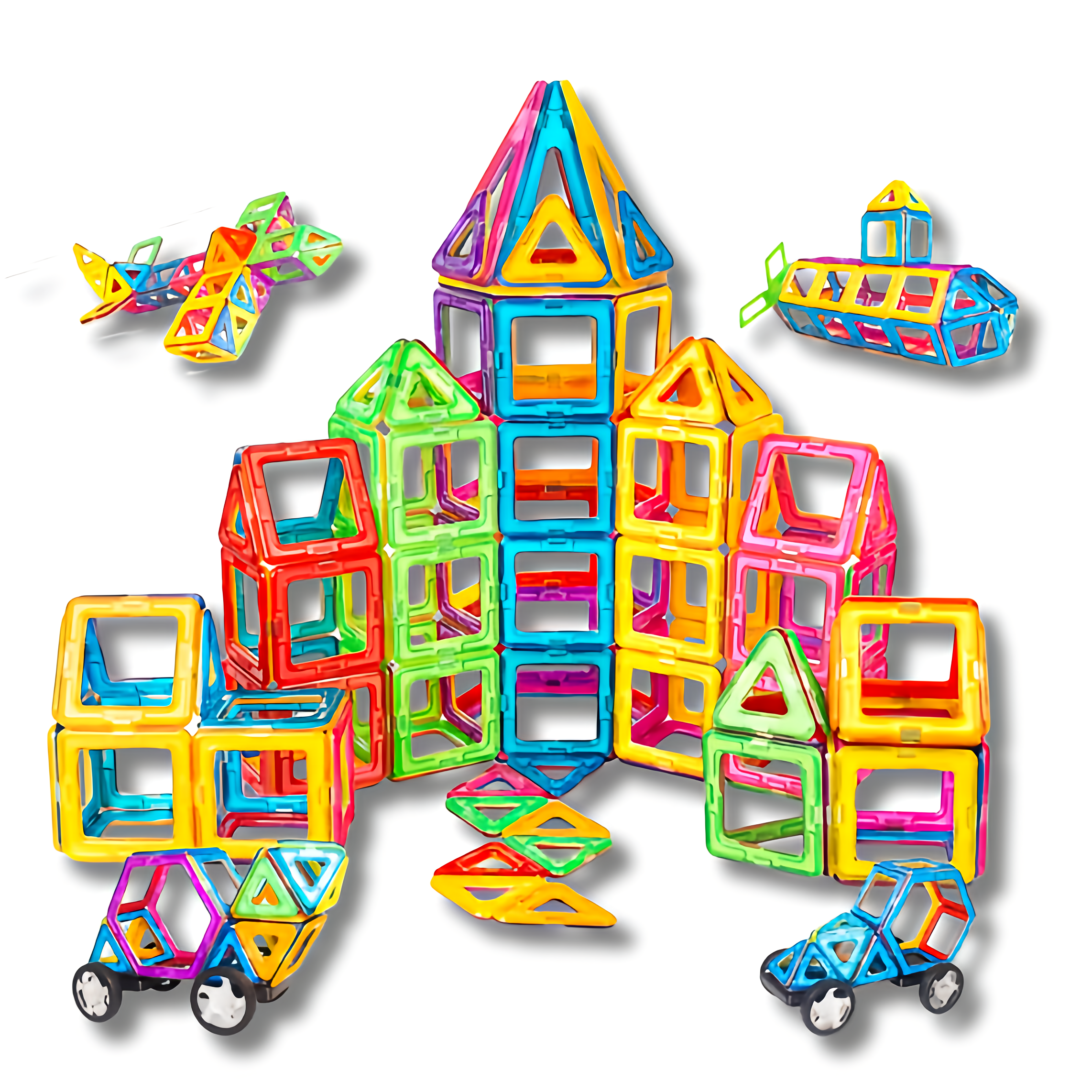Toddler building a tower with magnetic tiles — promotes creativity, spatial reasoning and fine motor skills