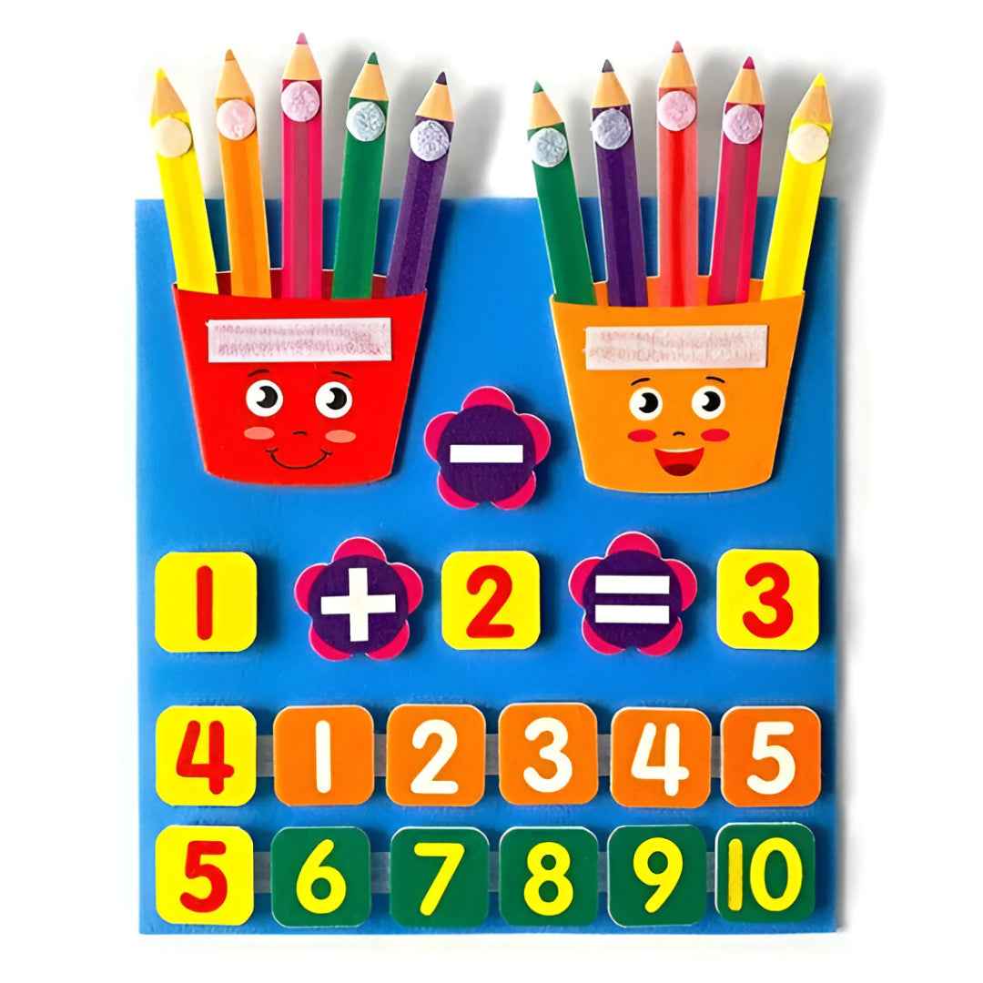 Collage showing the kit contents — math board, number tiles, pencils in pockets and sample equation layouts.