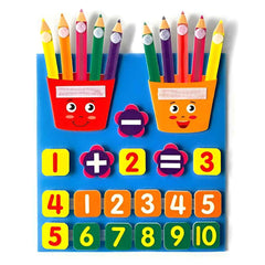 Collage showing the kit contents — math board, number tiles, pencils in pockets and sample equation layouts.