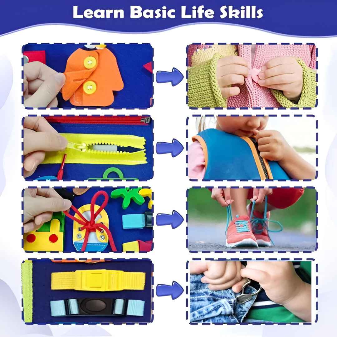 Close-up of busy book fasteners: buttons, zipper, laces and buckles to practice everyday dressing skills and fine motor play.