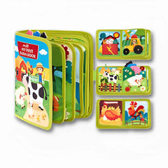 Closed Busy Book folded compactly — bright Busy Farm cover with snap closure for easy storage.