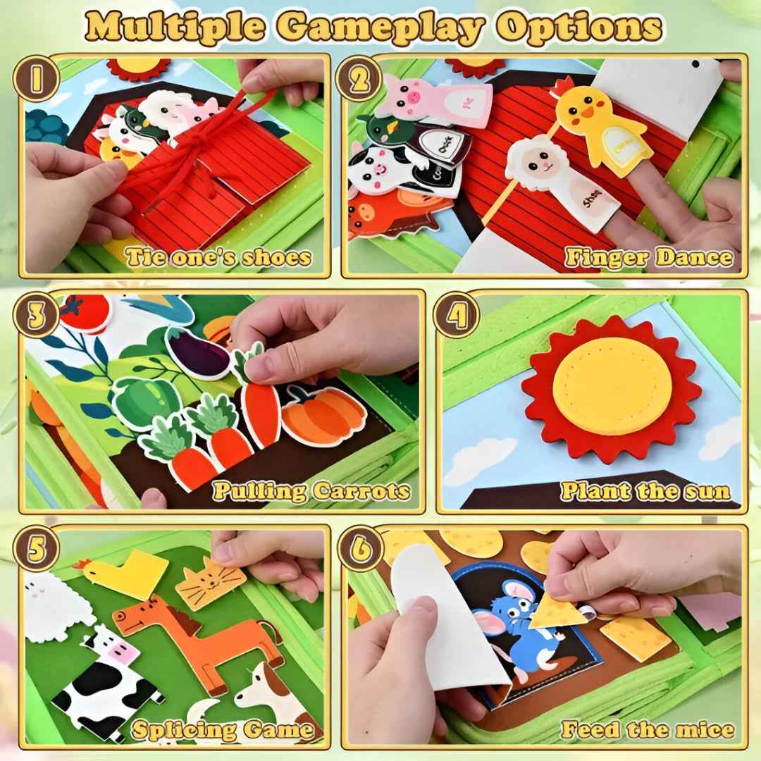 Collage showing multiple gameplay options in the Busy Book: tying shoes, finger puppets, pulling carrots and matching activities.