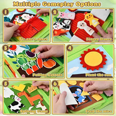 Collage showing multiple gameplay options in the Busy Book: tying shoes, finger puppets, pulling carrots and matching activities.