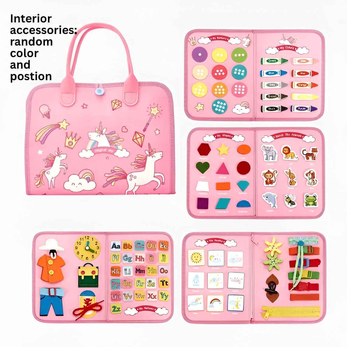 Pink busy book interior: color matching, number matching and weather/cards pages — educational travel toy for toddlers.