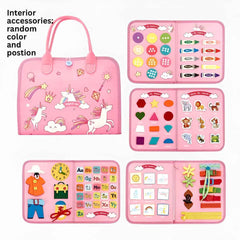 Pink busy book interior: color matching, number matching and weather/cards pages — educational travel toy for toddlers.