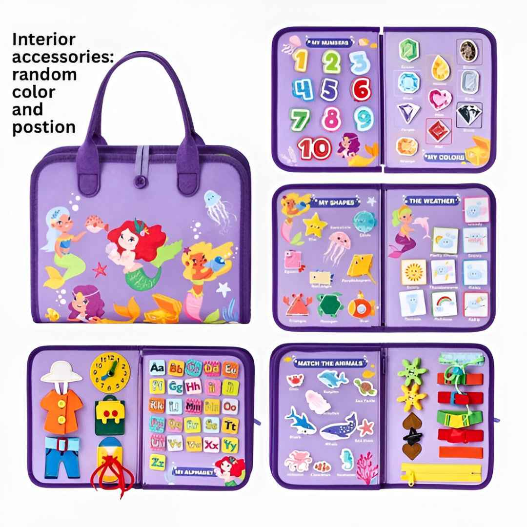 Purple Montessori busy book inside: zippers, buckles, shoelace and button activities to build dressing skills and fine motor control.