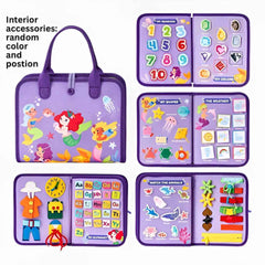Purple Montessori busy book inside: zippers, buckles, shoelace and button activities to build dressing skills and fine motor control.