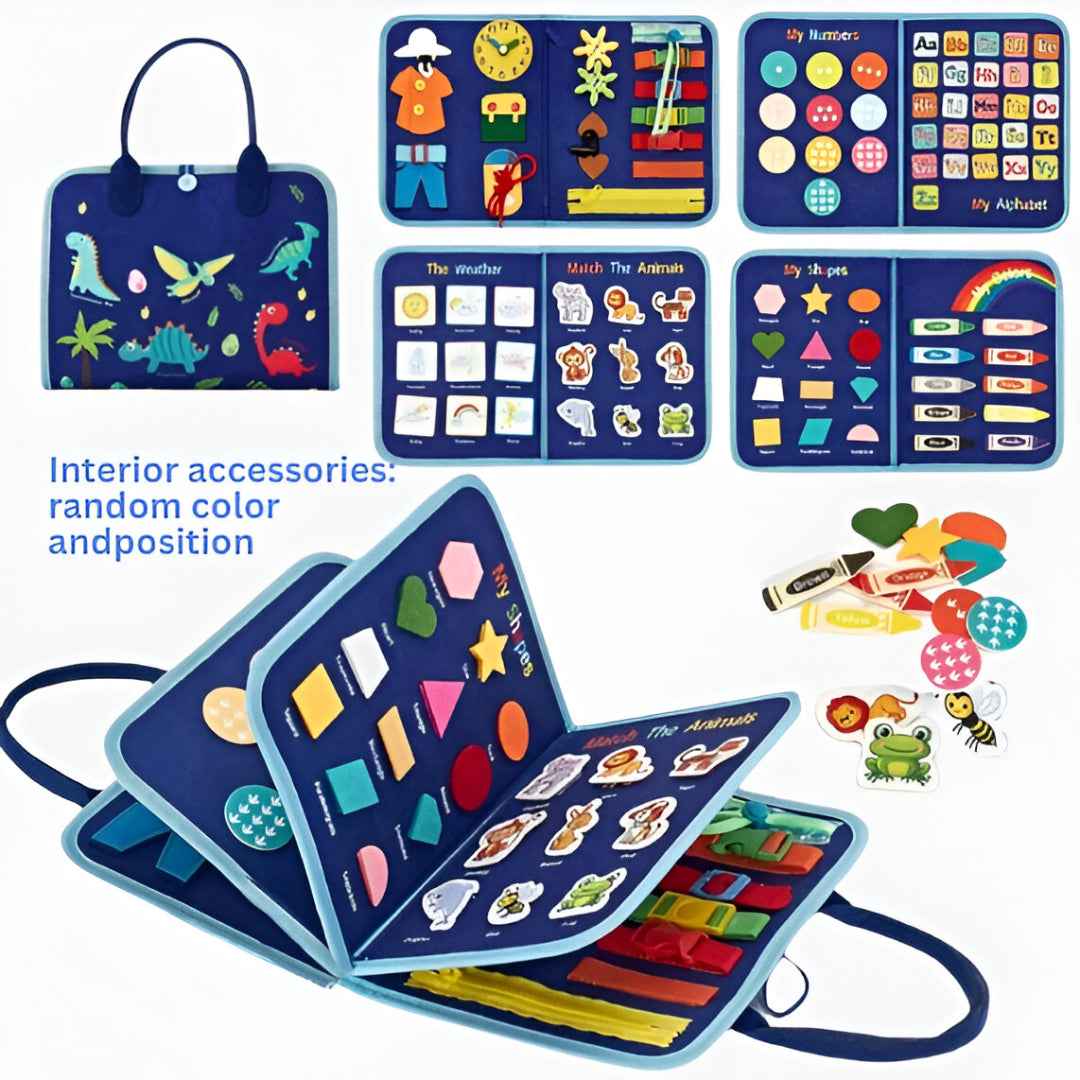 Toddler using Montessori busy book in car seat — compact travel toy for plane and car journeys, keeps kids engaged.