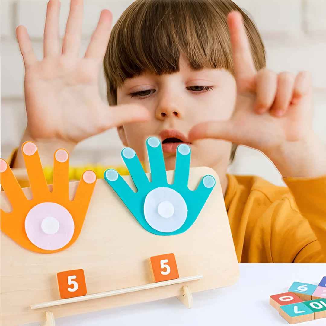 Toddler learning number 5 with Montessori Finger Counting Toy – math and counting blocks for early education
