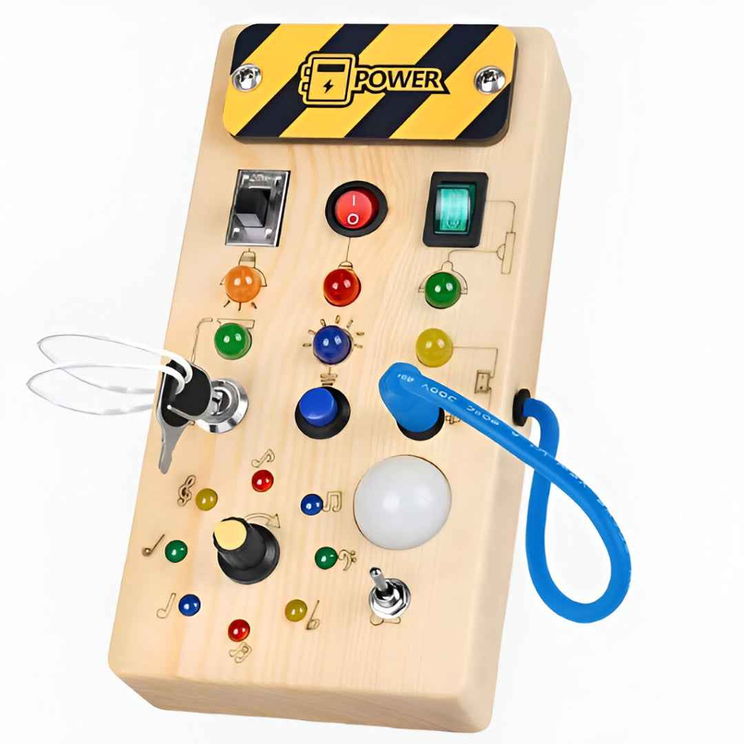 Montessori Busy Board - Wooden Sensory Toy with LED Light Switch for Toddlers | Travel Activity Game for Kids Ages 2 to 4