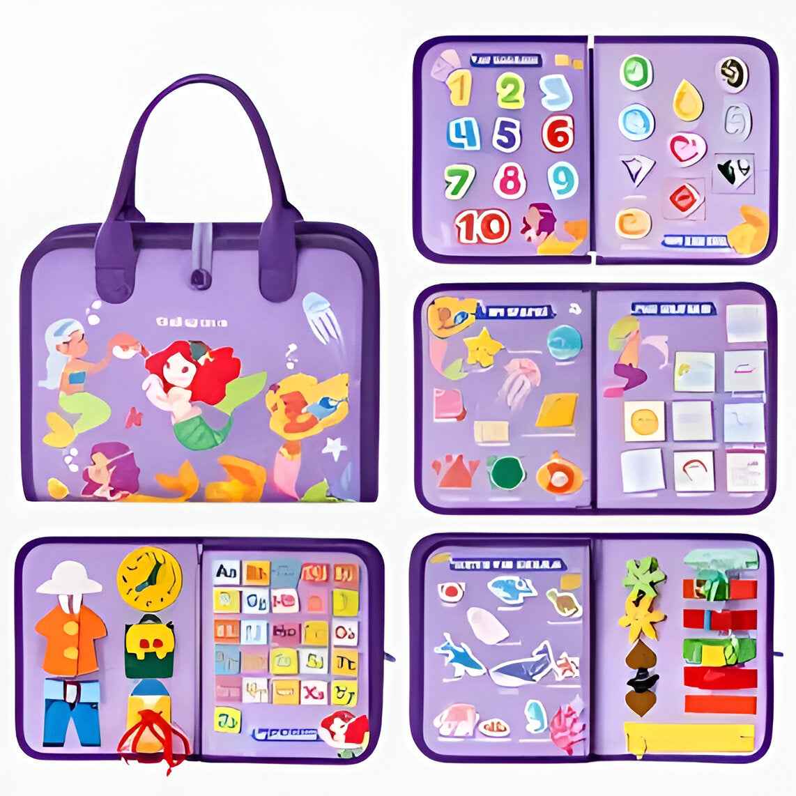 Montessori busy book for toddlers — purple travel quiet book open to numbers & shapes pages for fine motor skills.