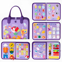 Montessori busy book for toddlers — purple travel quiet book open to numbers & shapes pages for fine motor skills.