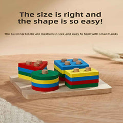 Assembled wooden shape sorter stacker — five-shape set for color, size and shape recognition