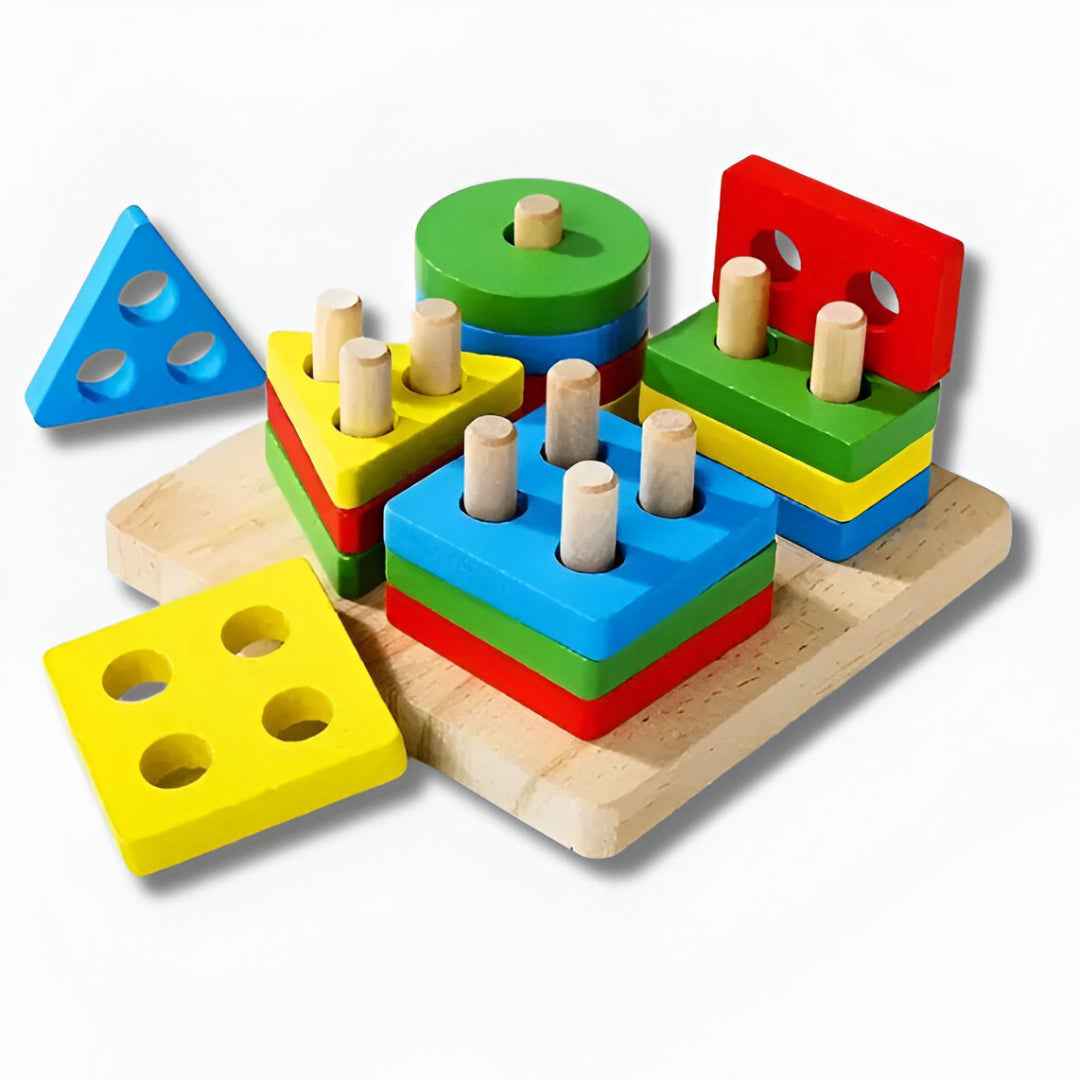 Colorful wooden shape pieces — circle, square, triangle, pentagon — smooth polished edges for safe play
