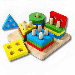 Colorful wooden shape pieces — circle, square, triangle, pentagon — smooth polished edges for safe play