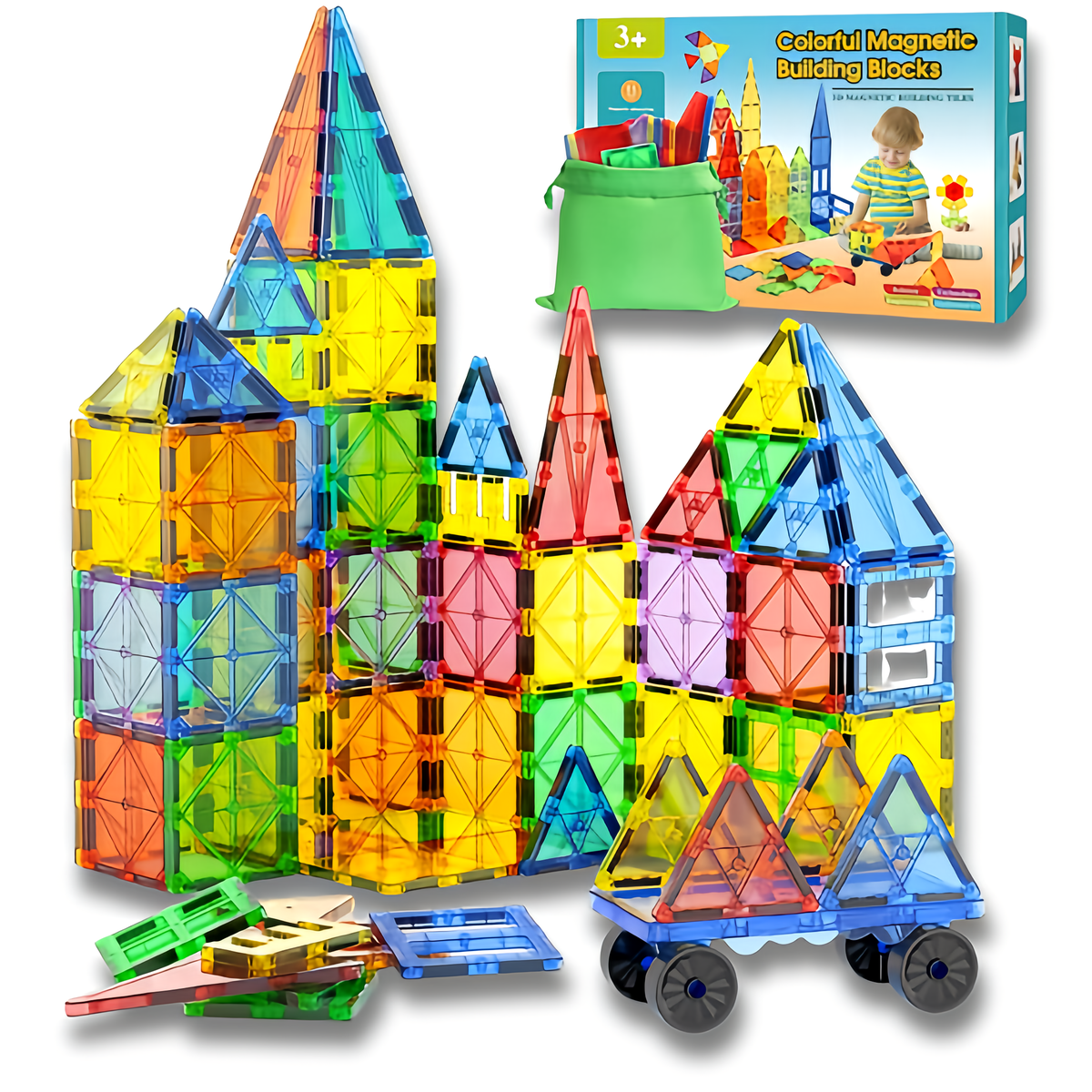 Purshay magnetic tiles set built into long boat with ferris wheel and cars — colorful STEM building blocks