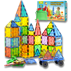 Purshay magnetic tiles set built into long boat with ferris wheel and cars — colorful STEM building blocks