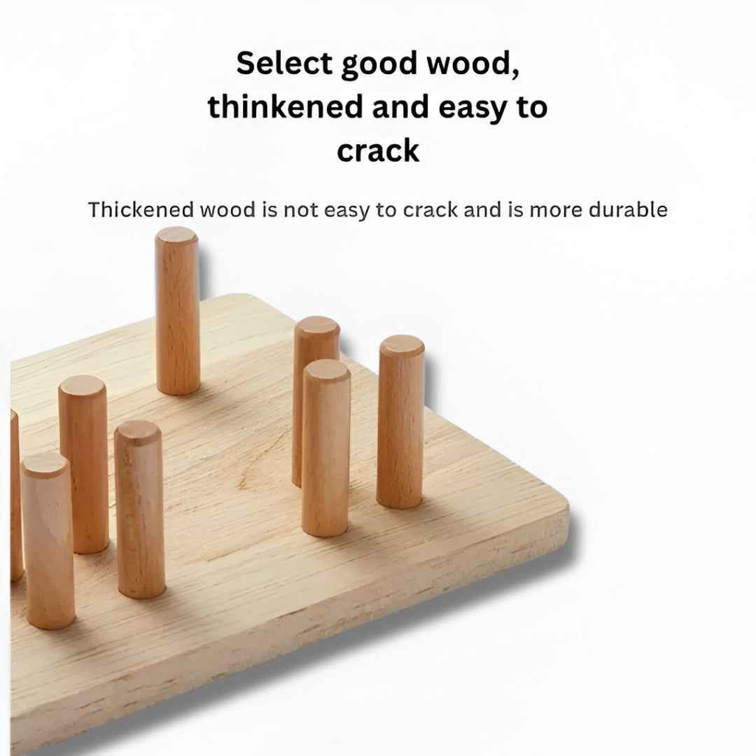 Medium-size wooden stacking blocks in red, green, yellow and blue — easy-grip Montessori pieces for small hands