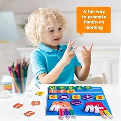 Child counting with Purshay Montessori Math Learning Board using number tiles and pencil pockets for hands-on math play.