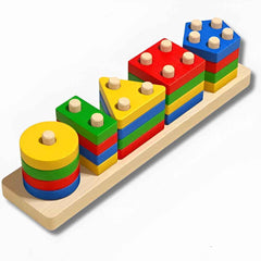 Montessori wooden shape sorter stacker toy with colorful geometric blocks on wooden base — fine motor learning toy