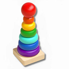 Rainbow wooden stacking rings tower — classic Montessori stacking toy for hand-eye coordination