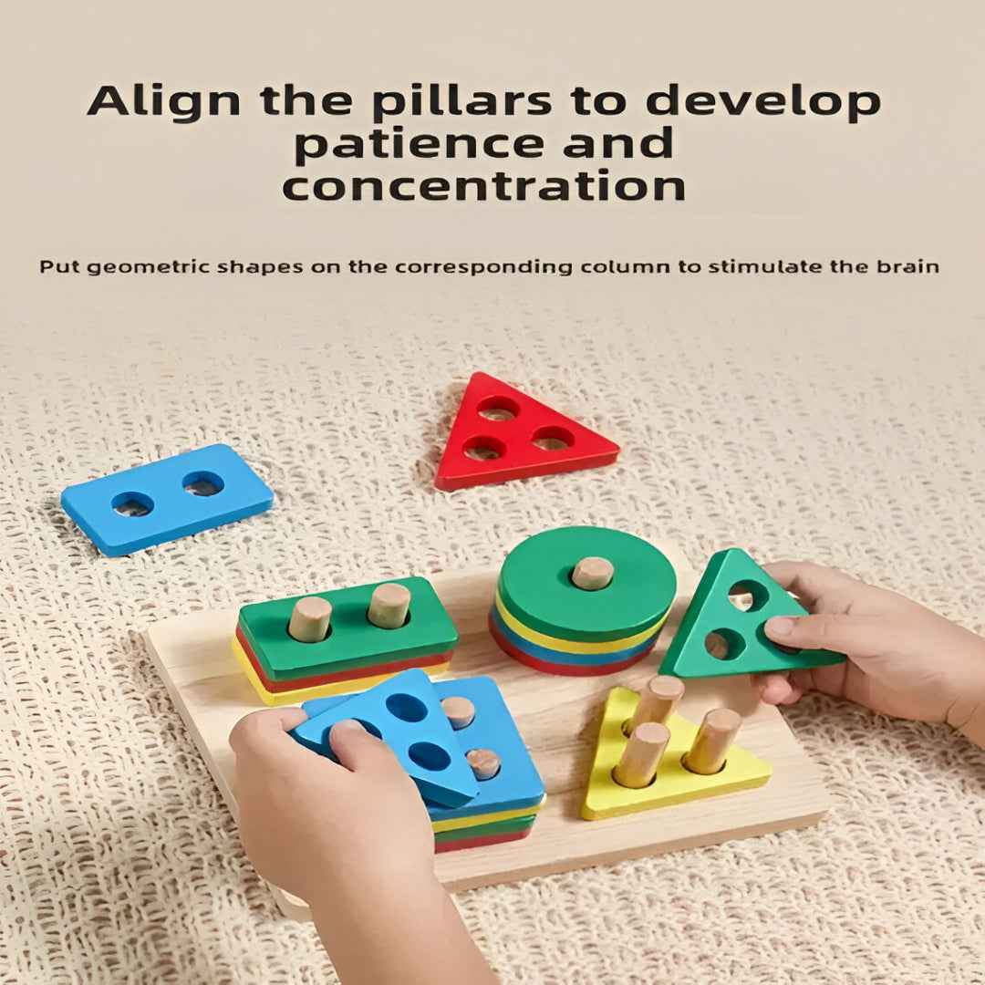 Thickened wooden base with sturdy dowel pegs — durable construction for toddler play
