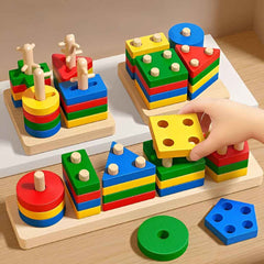 Child placing wooden triangle on peg board — Montessori shape sorting and hand-eye coordination activity