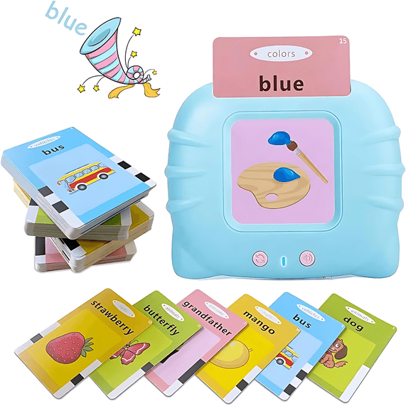 Talking Flashcard Reader (blue) with audio flashcard machine and sample cards – preschool education toy