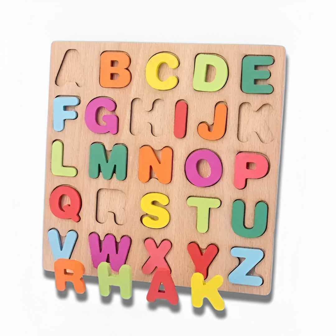 Wooden alphabet & number puzzle full set on board — colorful letters A-Z placed in matching slots.