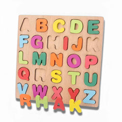 Wooden alphabet & number puzzle full set on board — colorful letters A-Z placed in matching slots.