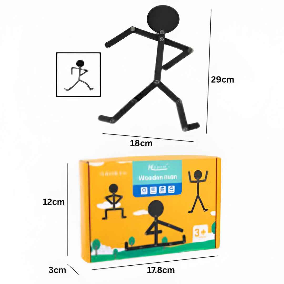 Front view of Wooden Stickman Puzzle packaging — educational balance toy