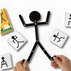 Wooden Stickman Puzzle set showing 24 Montessori pose cards spread out