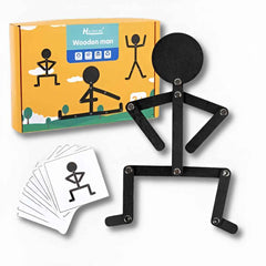 Wooden Stickman Puzzle toy with packaging box and 24 illustrated pose cards